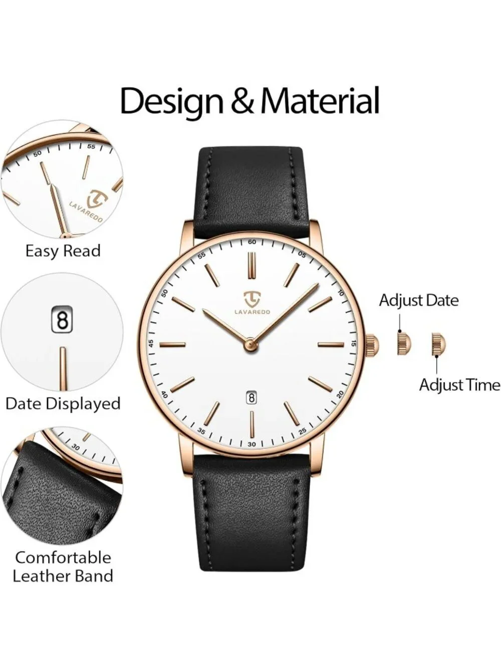 Men White Dial Black Leather Strap Analog Minimalist Fashion Simple Wrist Watch